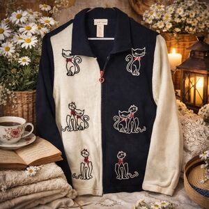 Carroll Reed Petite Cat Embroidered Zip Cardigan Black White Size M